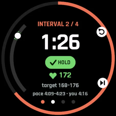 VO2 Rise interval screen: interval 2 of 4, 1:26 left, HOLD, heart rate 172 in the 168-176 band, pace 4:09-4:23