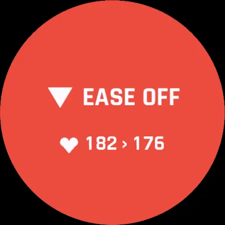 Red alert screen: EASE OFF, heart rate 182 above the target 176